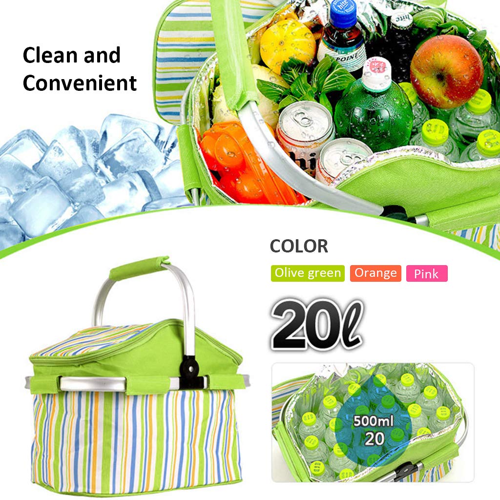 Foldable Camping Insulated Picnic Bag Strips Design (Green)