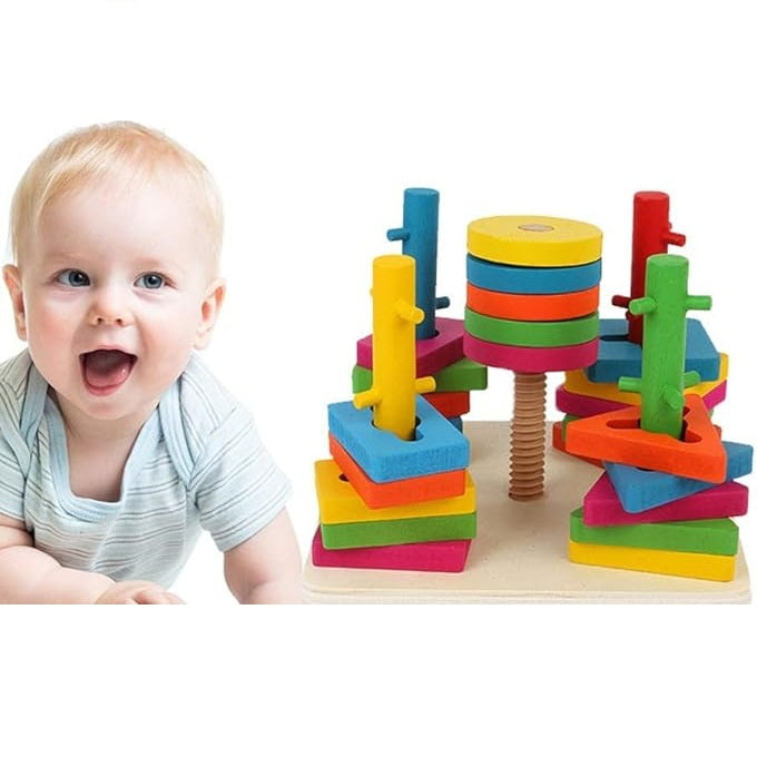 Wooden Five Column Shape Sorting and Stacking Puzzle
